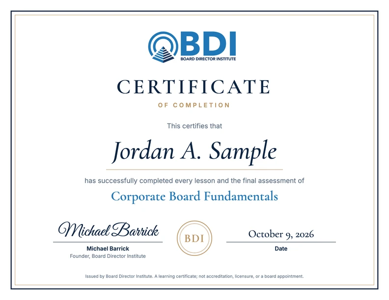 Sample Certificate of Completion for Corporate Board Fundamentals