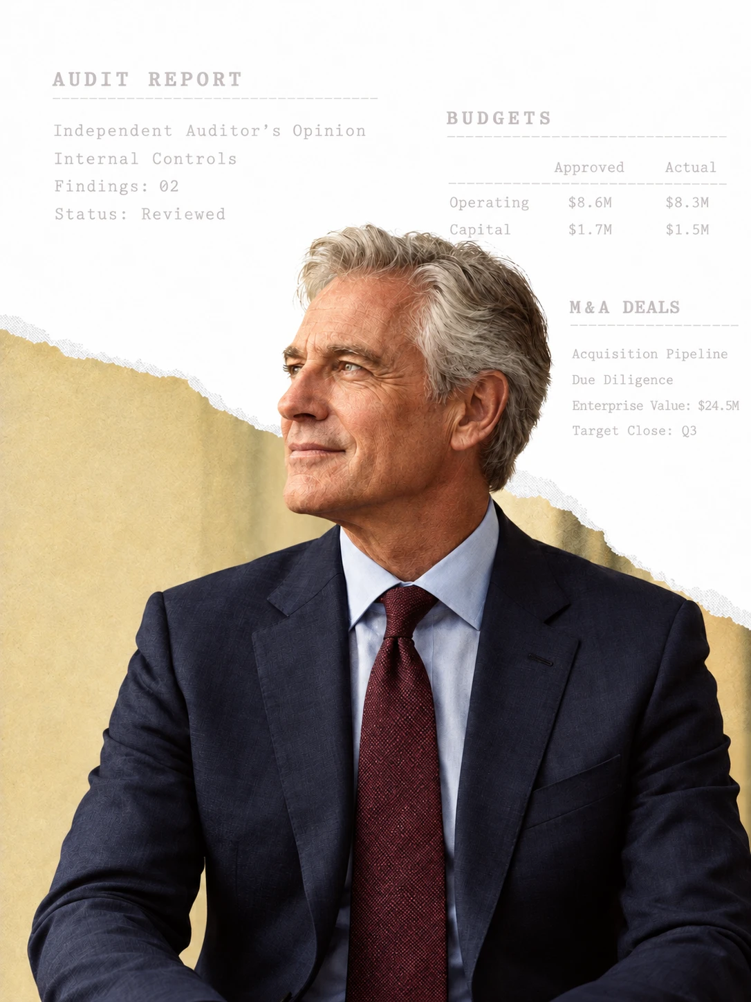 Illustration of an experienced executive in a navy suit looking ahead, with board papers behind him